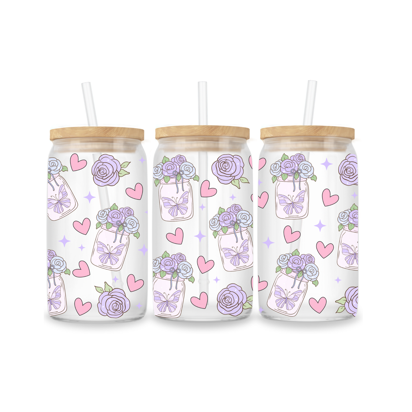 Glazen Iced Coffee Cup 16oz - Purple Roses